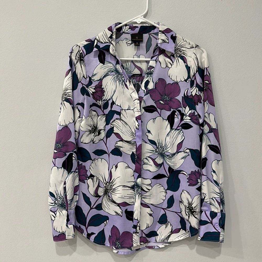 Worthington Womens Lilac/Purple/White Floral Long Sleeve Button Up Top Sz XS